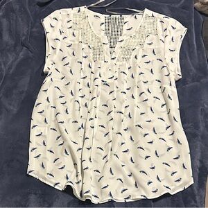 Daniel Rainn Cream, lace and Blue Bird Print Blouse